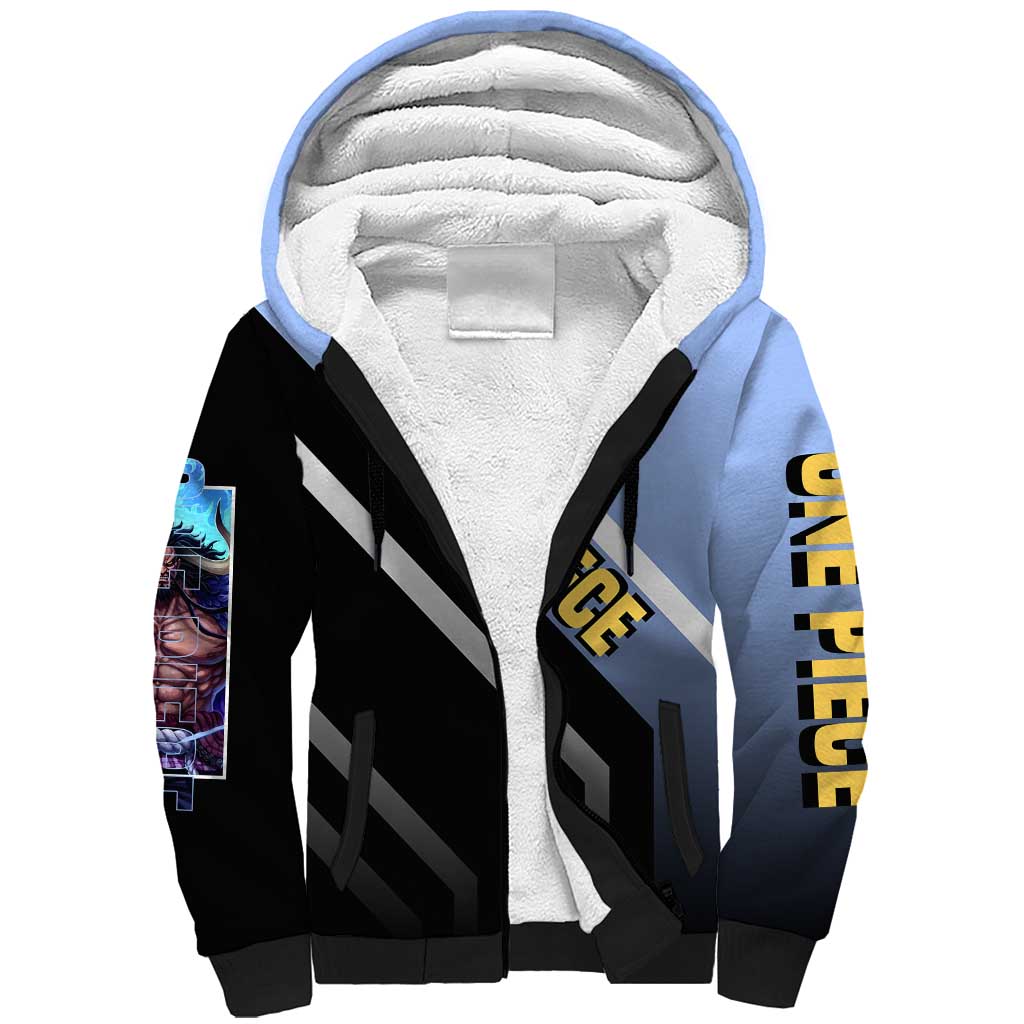 Kaido One Piece Sherpa Hoodie with Dragon Form and Fierce Battle Pose Design - The Mazicc
