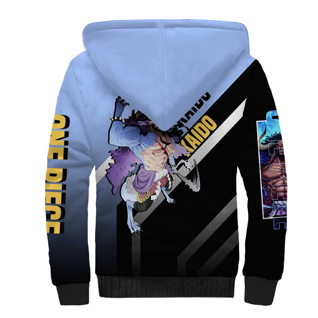 Kaido One Piece Sherpa Hoodie with Dragon Form and Fierce Battle Pose Design - The Mazicc