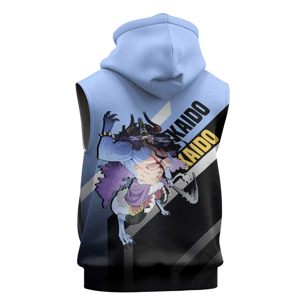 Kaido One Piece Sleeveless Zip Hoodie with Dragon Form and Fierce Battle Pose Design - The Mazicc