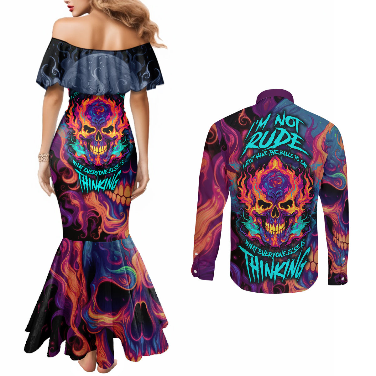 colorful-fire-skull-couples-matching-mermaid-dress-and-long-sleeve-button-shirts-im-not-rude-i-just-have-the-balls-to-say-what-everyone-else-is-thingking