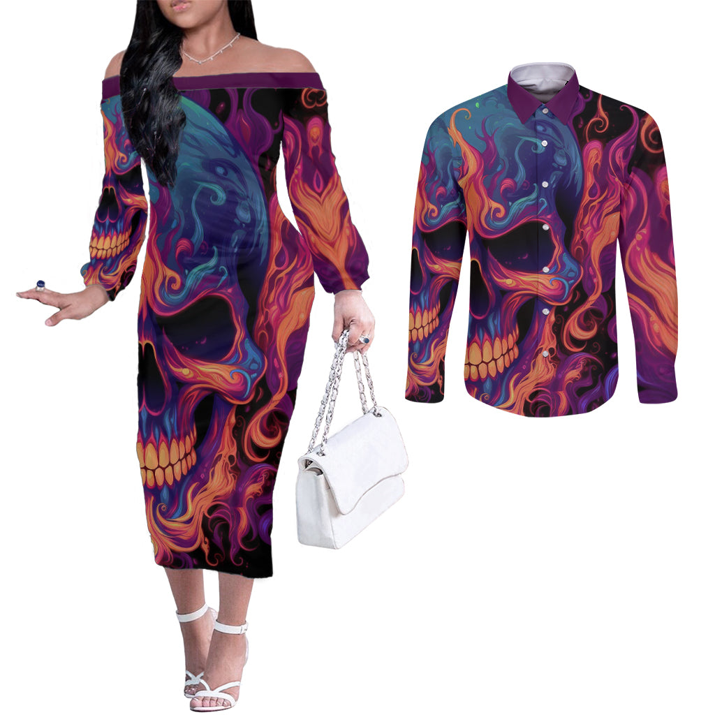 colorful-fire-skull-couples-matching-off-the-shoulder-long-sleeve-dress-and-long-sleeve-button-shirts-im-not-rude-i-just-have-the-balls-to-say-what-everyone-else-is-thingking