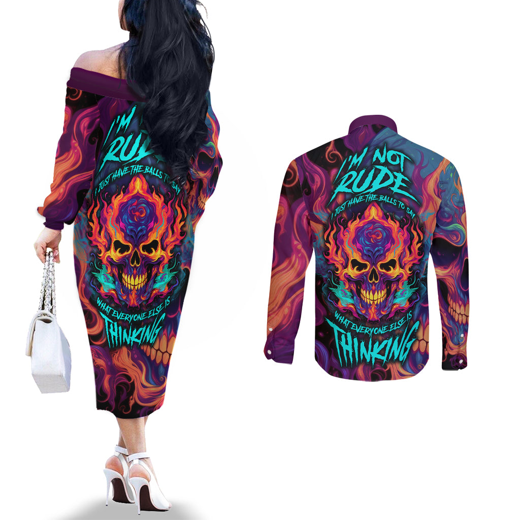 colorful-fire-skull-couples-matching-off-the-shoulder-long-sleeve-dress-and-long-sleeve-button-shirts-im-not-rude-i-just-have-the-balls-to-say-what-everyone-else-is-thingking