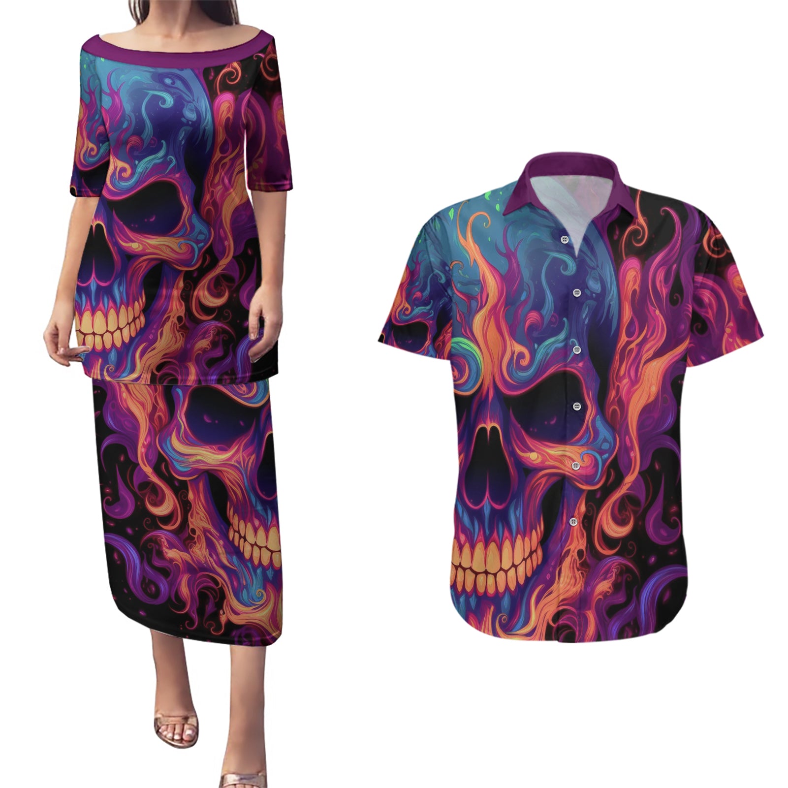 colorful-fire-skull-couples-matching-puletasi-dress-and-hawaiian-shirt-im-not-rude-i-just-have-the-balls-to-say-what-everyone-else-is-thingking