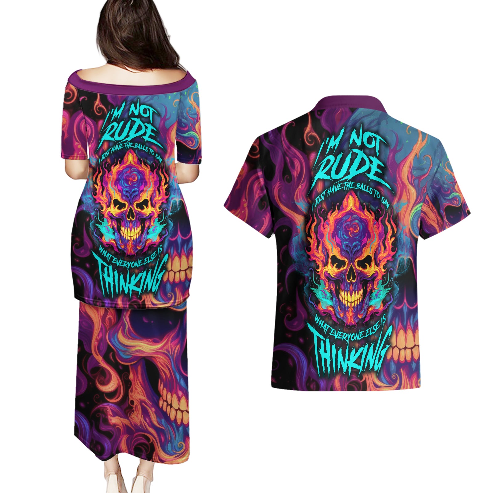 colorful-fire-skull-couples-matching-puletasi-dress-and-hawaiian-shirt-im-not-rude-i-just-have-the-balls-to-say-what-everyone-else-is-thingking