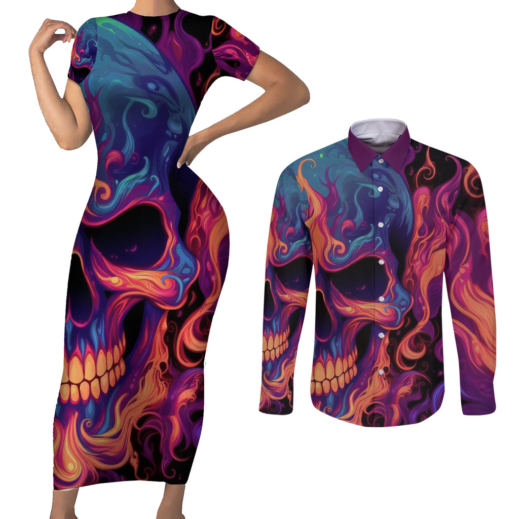 colorful-fire-skull-couples-matching-short-sleeve-bodycon-dress-and-long-sleeve-button-shirts-im-not-rude-i-just-have-the-balls-to-say-what-everyone-else-is-thingking