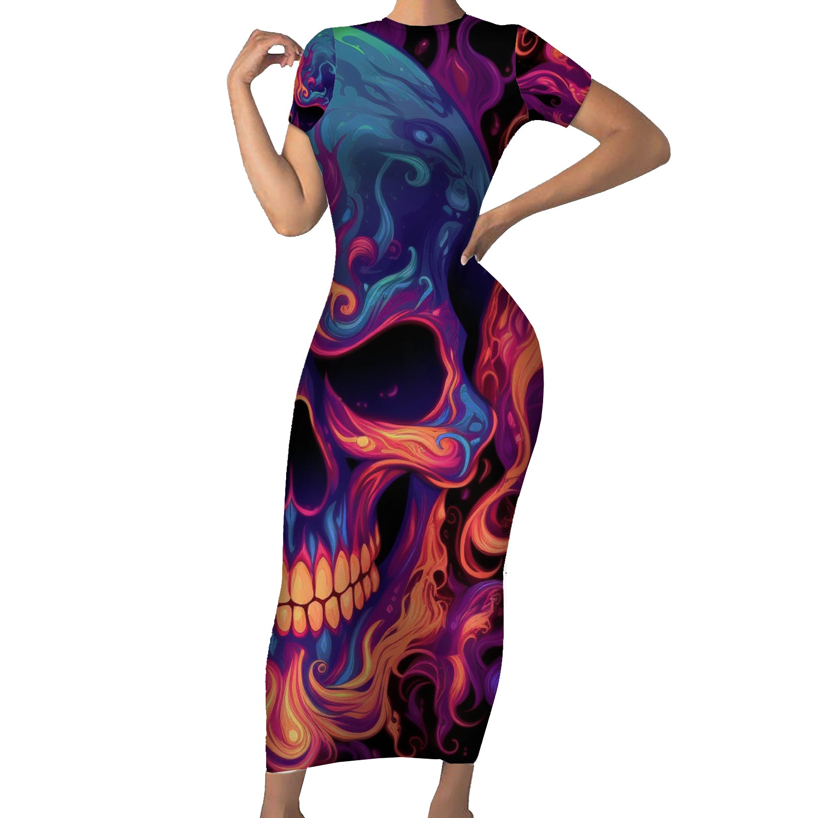 colorful-fire-skull-short-sleeve-bodycon-dress-im-not-rude-i-just-have-the-balls-to-say-what-everyone-else-is-thingking