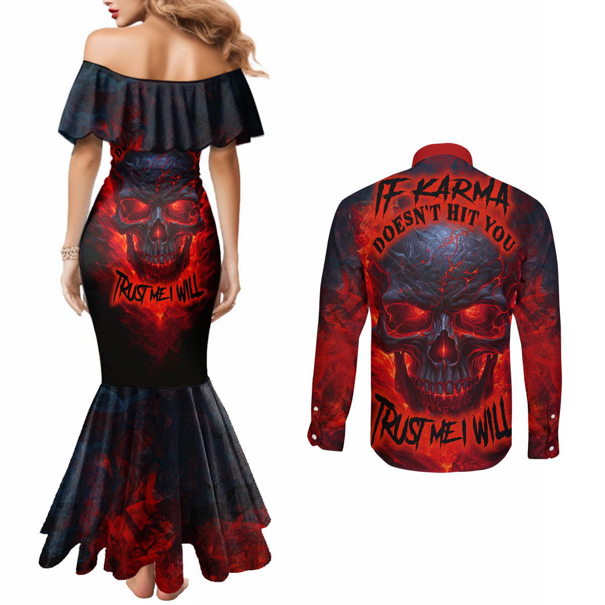 horror-skull-couples-matching-mermaid-dress-and-long-sleeve-button-shirts-if-karma-doesnt-hit-you-trust-me-i-will