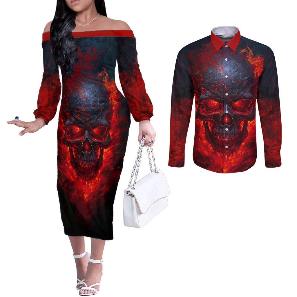 horror-skull-couples-matching-off-the-shoulder-long-sleeve-dress-and-long-sleeve-button-shirts-if-karma-doesnt-hit-you-trust-me-i-will