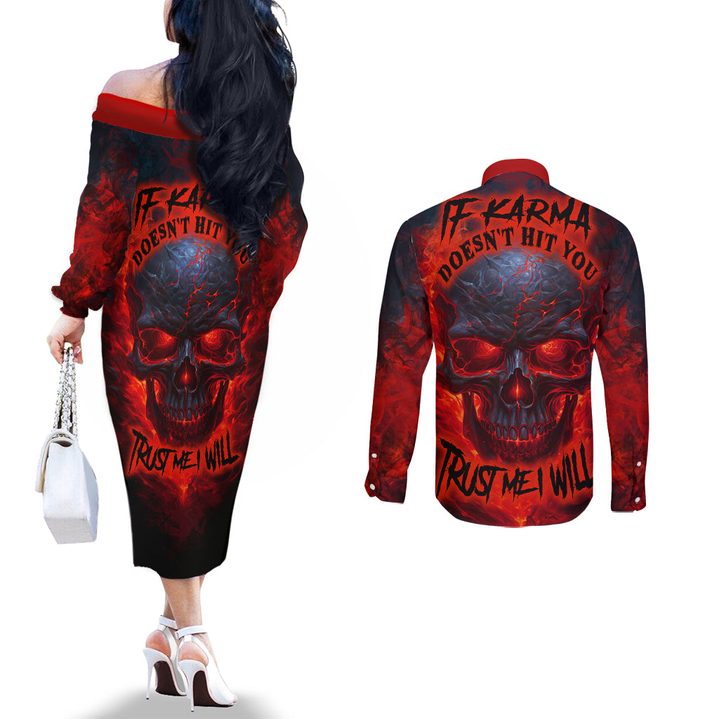 horror-skull-couples-matching-off-the-shoulder-long-sleeve-dress-and-long-sleeve-button-shirts-if-karma-doesnt-hit-you-trust-me-i-will
