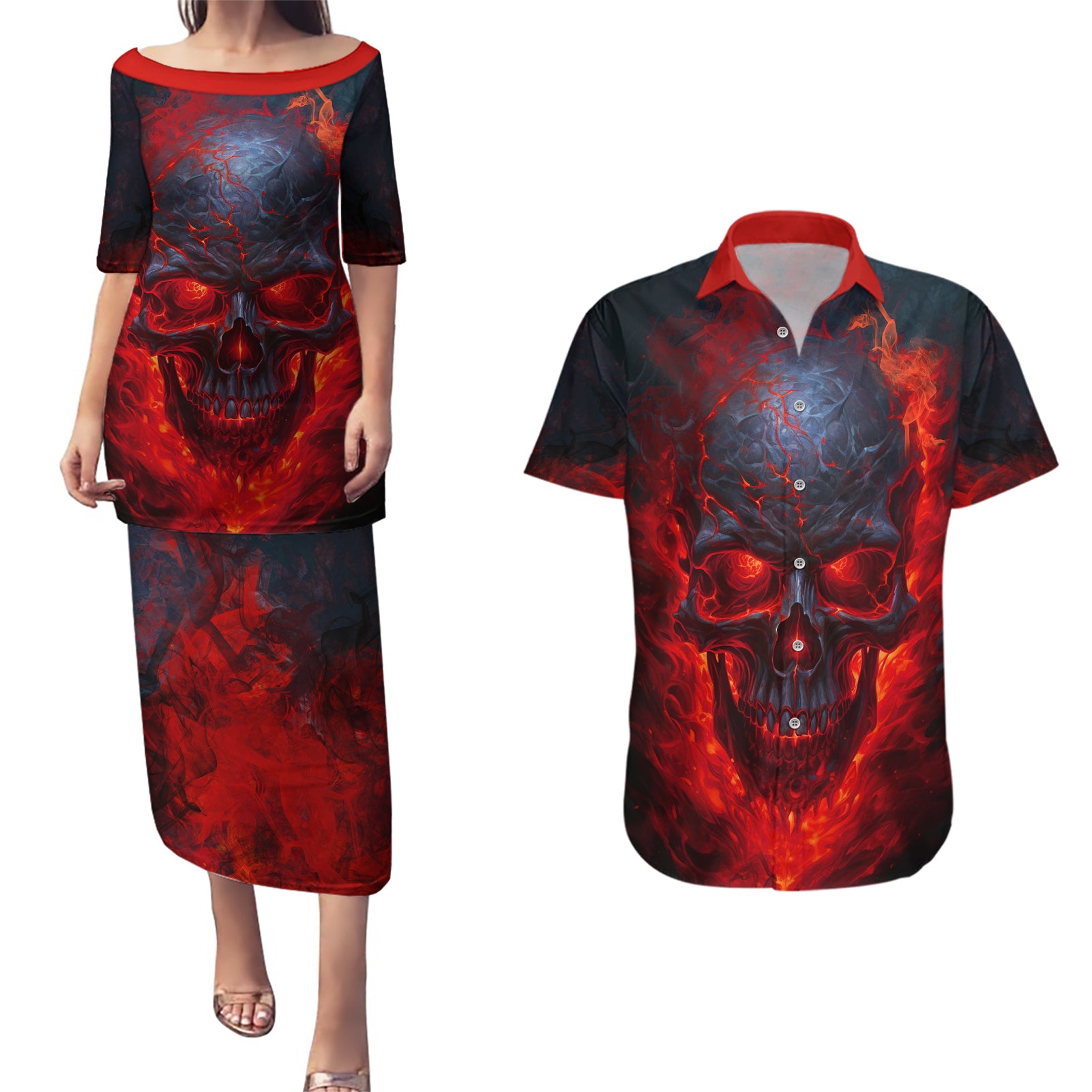 horror-skull-couples-matching-puletasi-dress-and-hawaiian-shirt-if-karma-doesnt-hit-you-trust-me-i-will