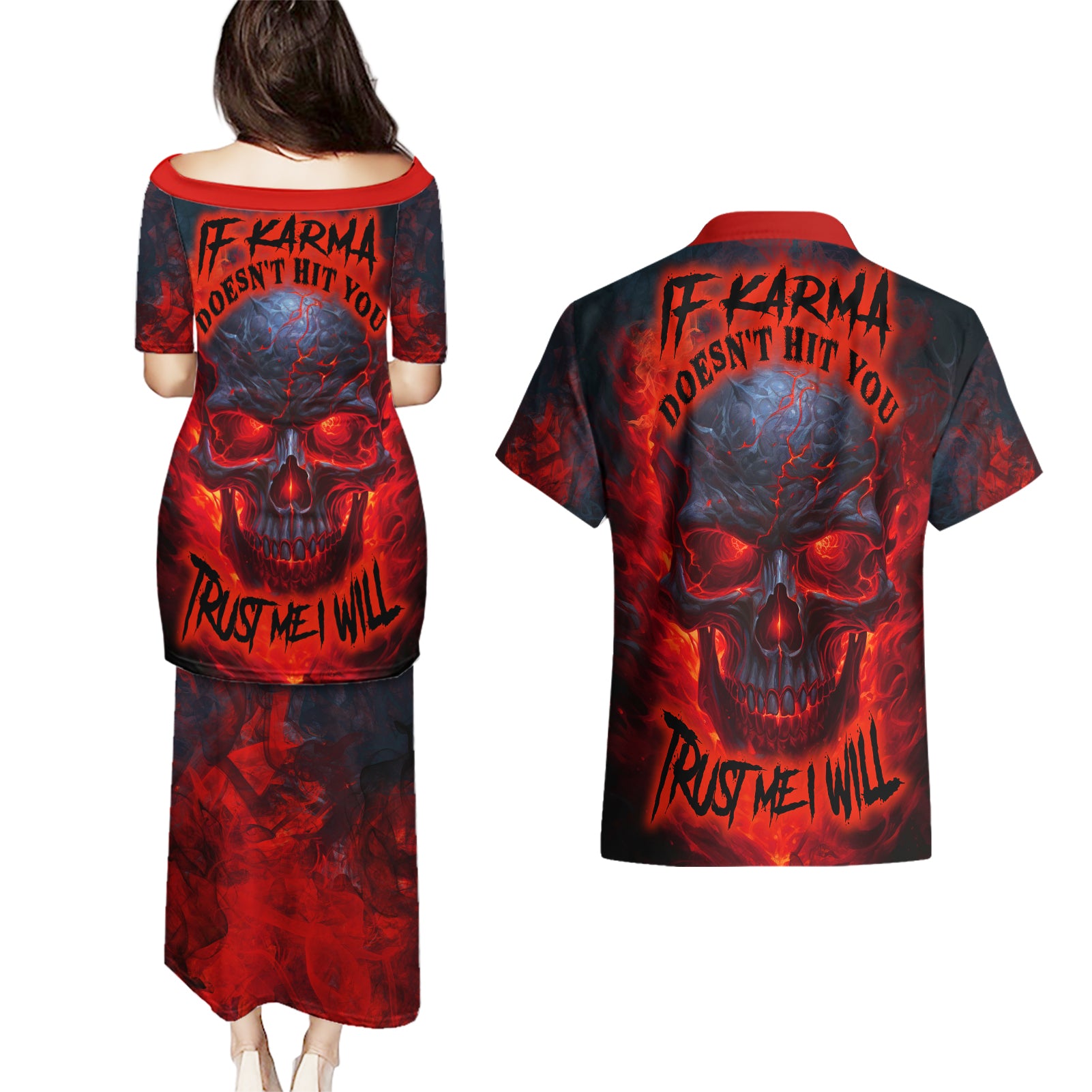 horror-skull-couples-matching-puletasi-dress-and-hawaiian-shirt-if-karma-doesnt-hit-you-trust-me-i-will
