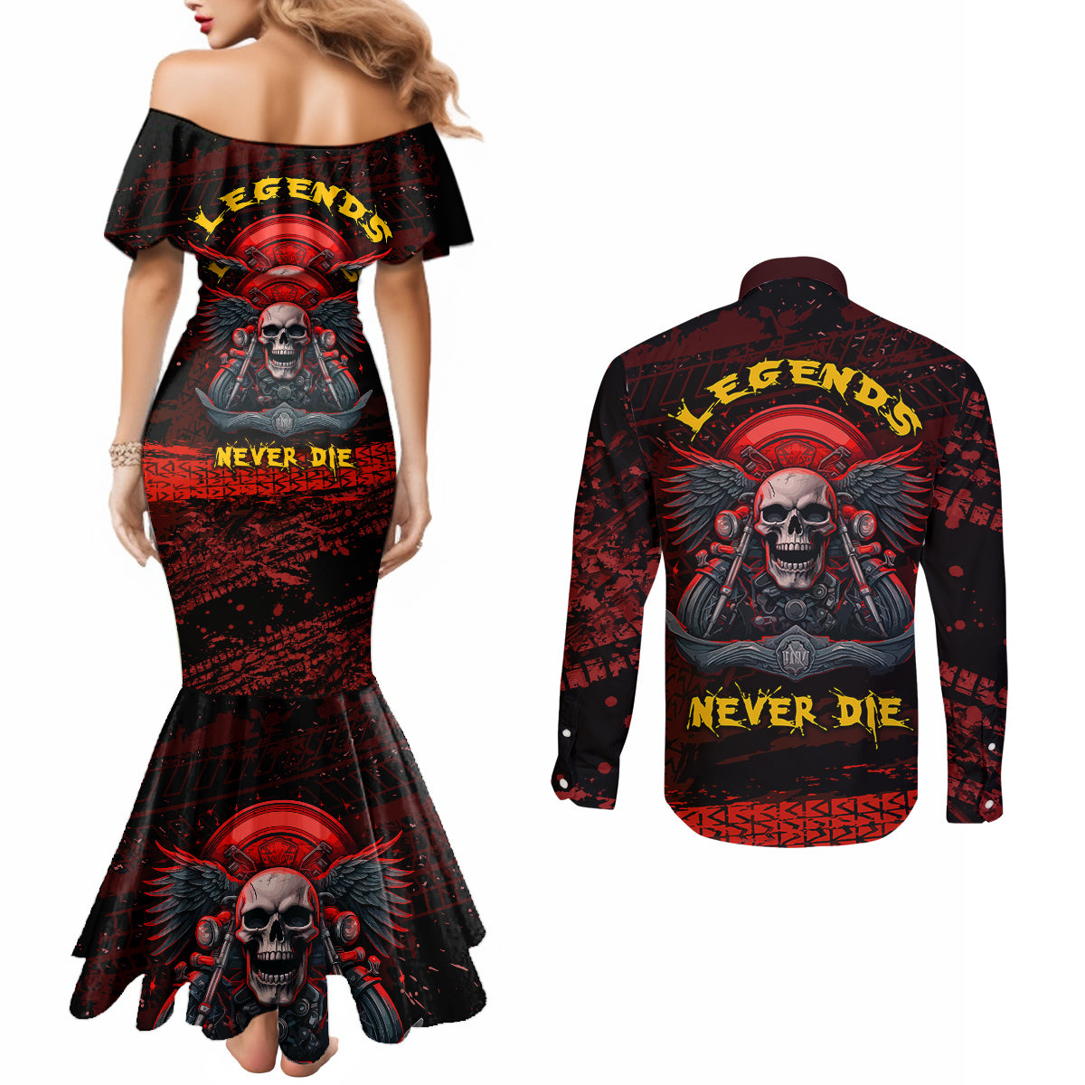 skull-biker-couples-matching-mermaid-dress-and-long-sleeve-button-shirts-legend-never-die