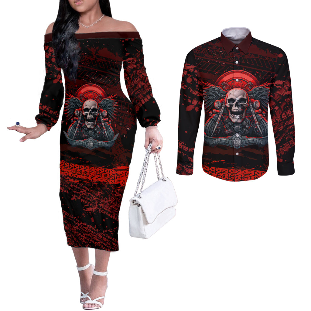 skull-biker-couples-matching-off-the-shoulder-long-sleeve-dress-and-long-sleeve-button-shirts-legend-never-die