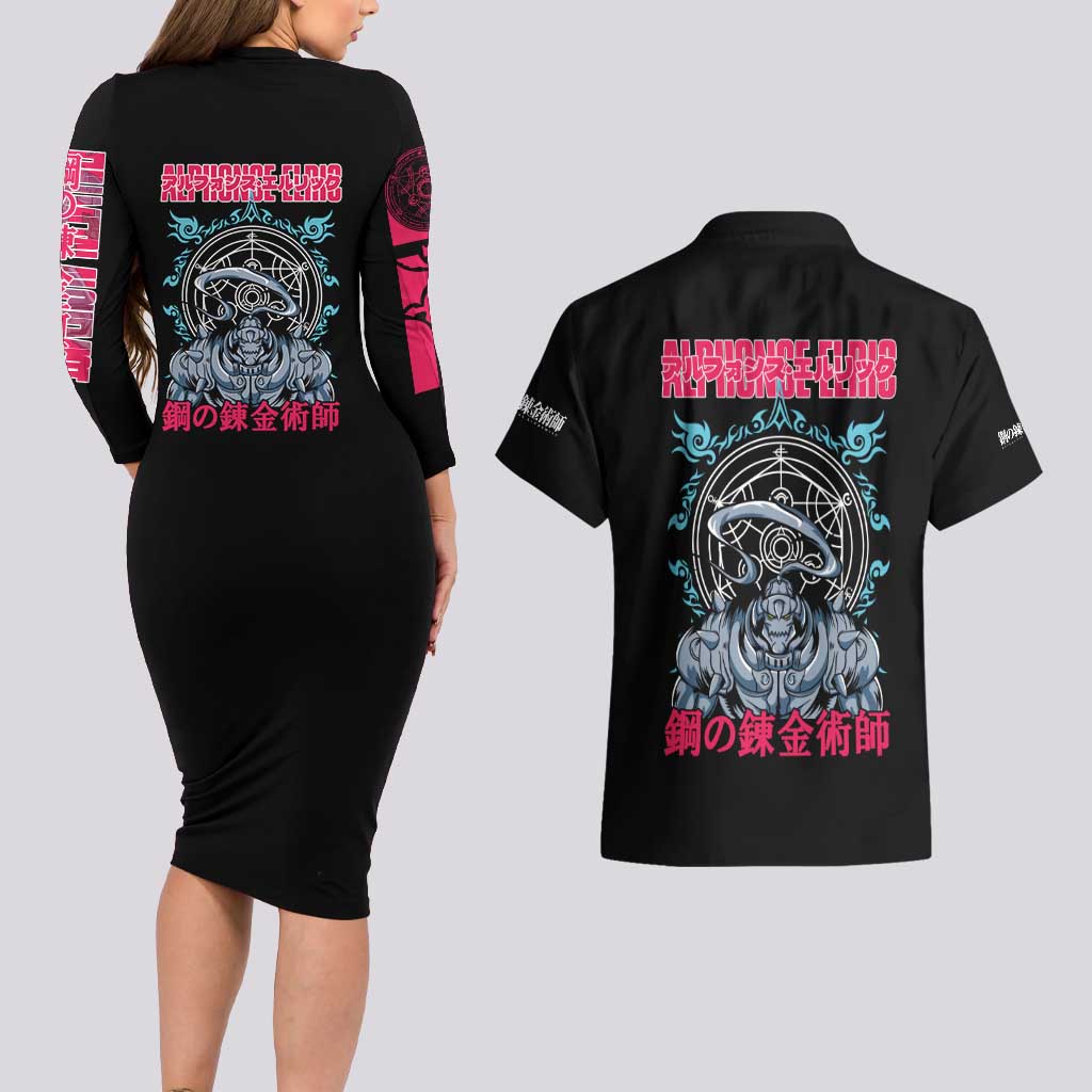 Alphonse Elric Fullmetal Alchemist Couples Matching Long Sleeve Bodycon Dress and Hawaiian Shirt Anime Style