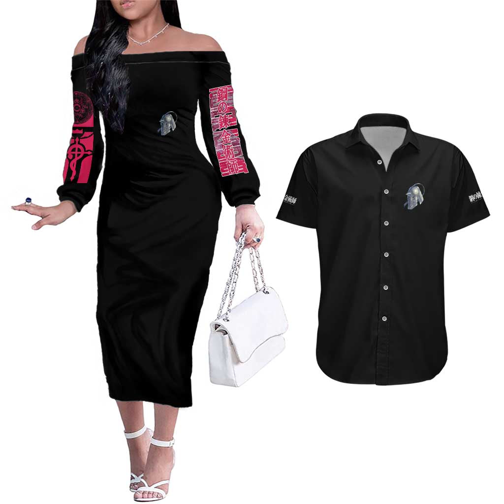 Alphonse Elric Fullmetal Alchemist Couples Matching Off The Shoulder Long Sleeve Dress and Hawaiian Shirt Anime Style