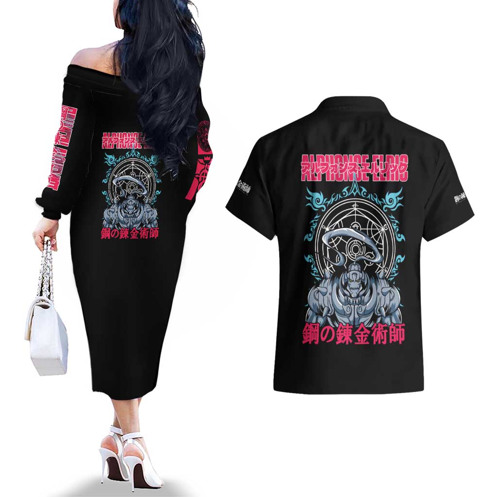 Alphonse Elric Fullmetal Alchemist Couples Matching Off The Shoulder Long Sleeve Dress and Hawaiian Shirt Anime Style