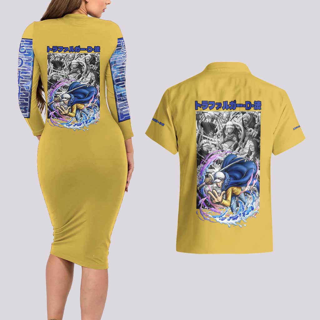Trafalgar D. Law One Piece Couples Matching Long Sleeve Bodycon Dress and Hawaiian Shirt Anime Style
