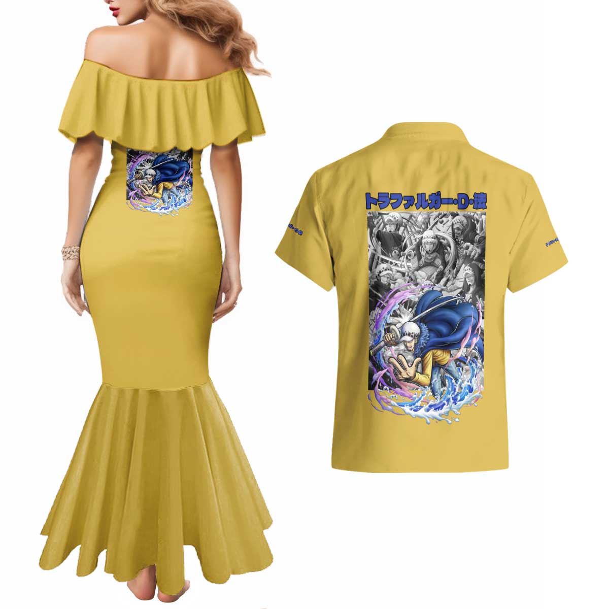 Trafalgar D. Law One Piece Couples Matching Mermaid Dress and Hawaiian Shirt Anime Style