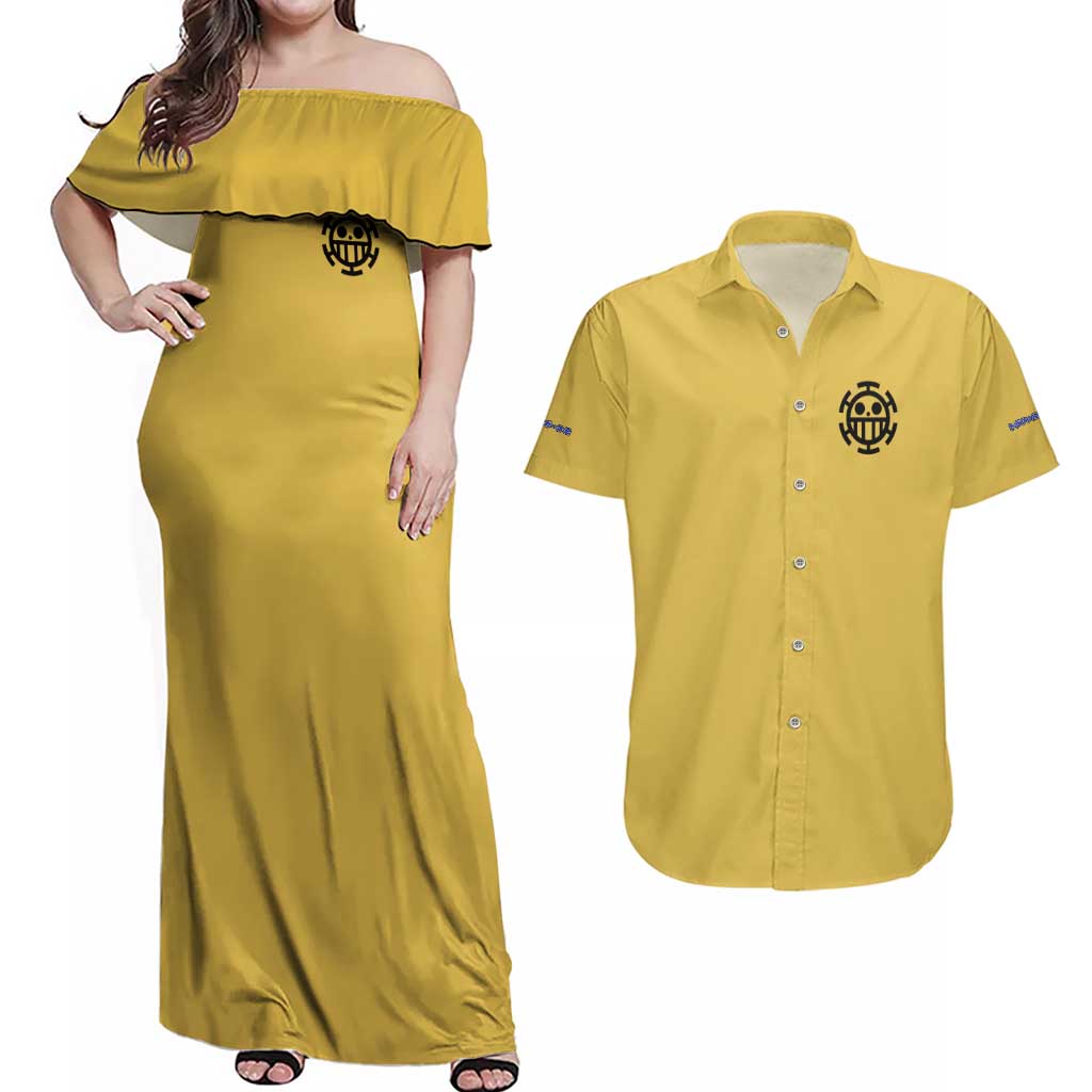 Trafalgar D. Law One Piece Couples Matching Off Shoulder Maxi Dress and Hawaiian Shirt Anime Style