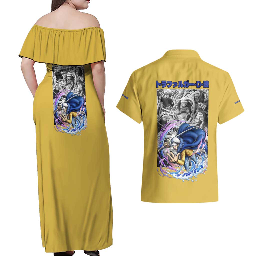 Trafalgar D. Law One Piece Couples Matching Off Shoulder Maxi Dress and Hawaiian Shirt Anime Style