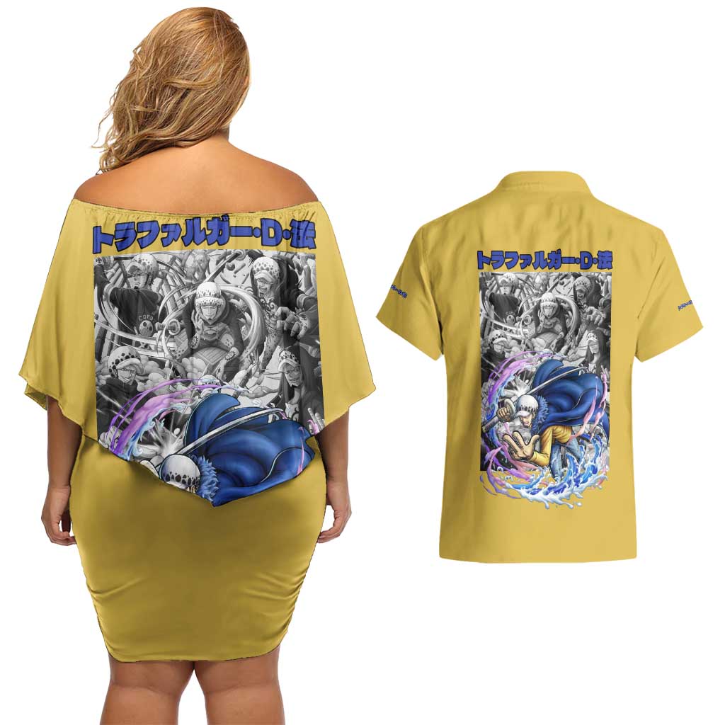 Trafalgar D. Law One Piece Couples Matching Off Shoulder Short Dress and Hawaiian Shirt Anime Style