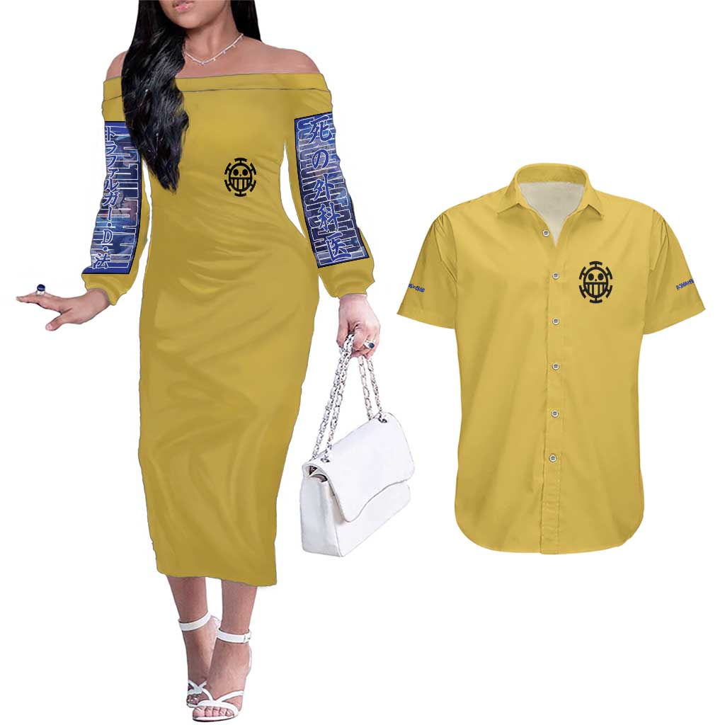 Trafalgar D. Law One Piece Couples Matching Off The Shoulder Long Sleeve Dress and Hawaiian Shirt Anime Style