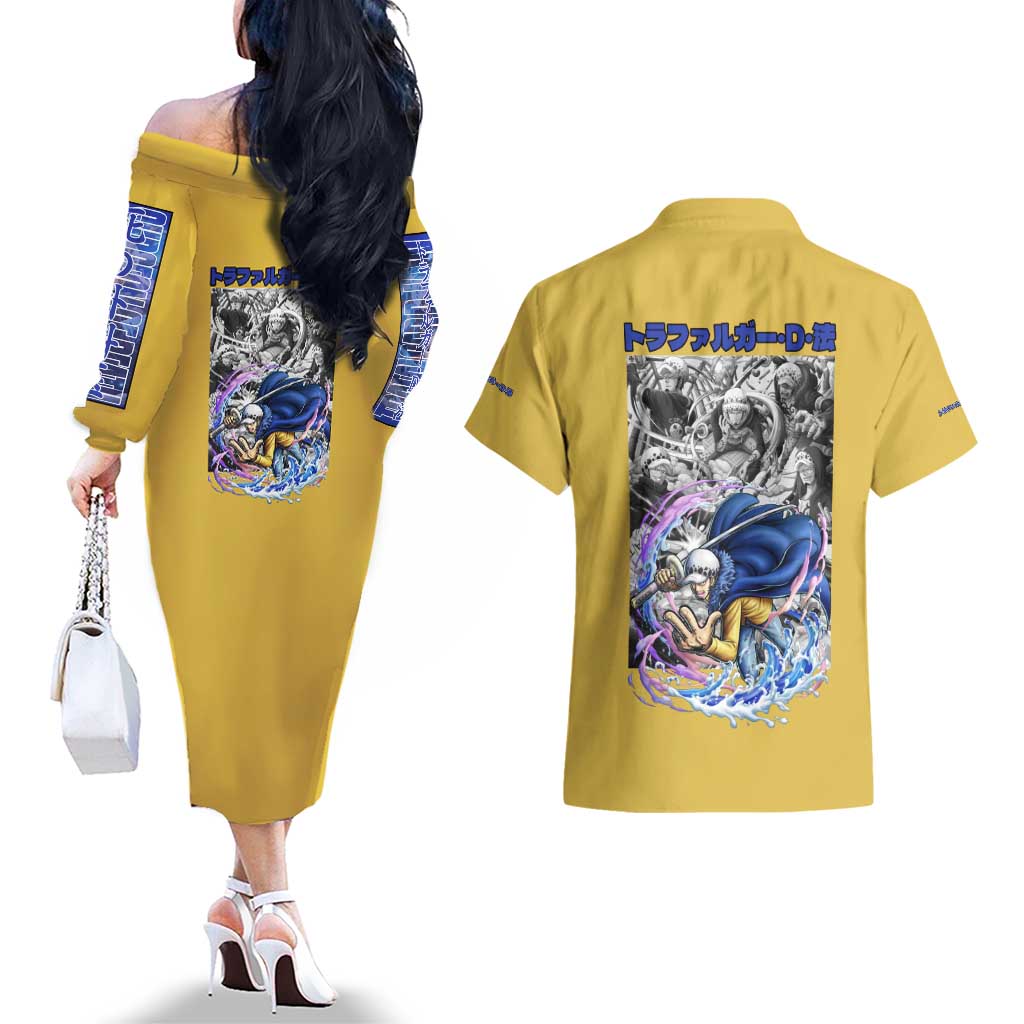 Trafalgar D. Law One Piece Couples Matching Off The Shoulder Long Sleeve Dress and Hawaiian Shirt Anime Style