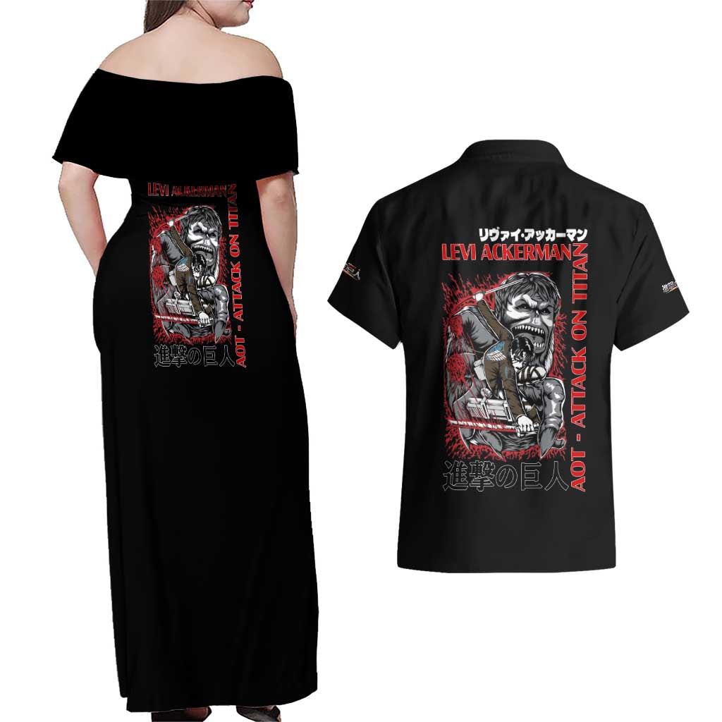 Levi Ackerman x Beast Titan Attack on Titan Couples Matching Off Shoulder Maxi Dress and Hawaiian Shirt Anime Style