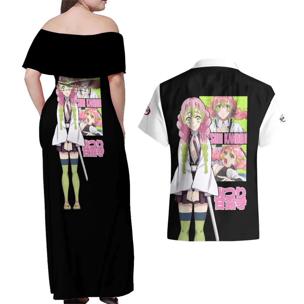 Mitsuri Kanroji V2 Demon Slayer Couples Matching Off Shoulder Maxi Dress and Hawaiian Shirt Anime Style
