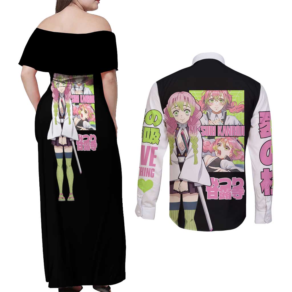 Mitsuri Kanroji V2 Demon Slayer Couples Matching Off Shoulder Maxi Dress and Long Sleeve Button Shirt Anime Style