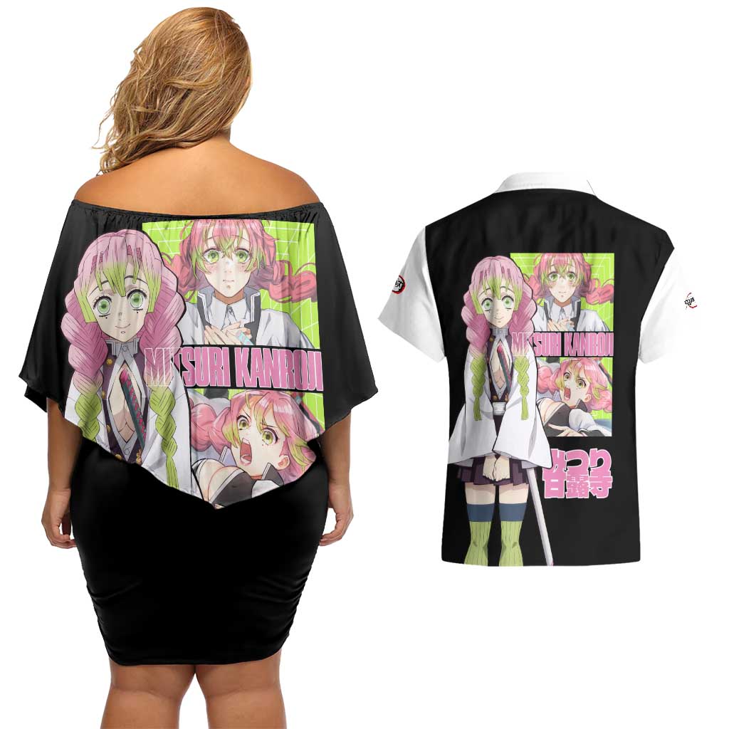 Mitsuri Kanroji V2 Demon Slayer Couples Matching Off Shoulder Short Dress and Hawaiian Shirt Anime Style