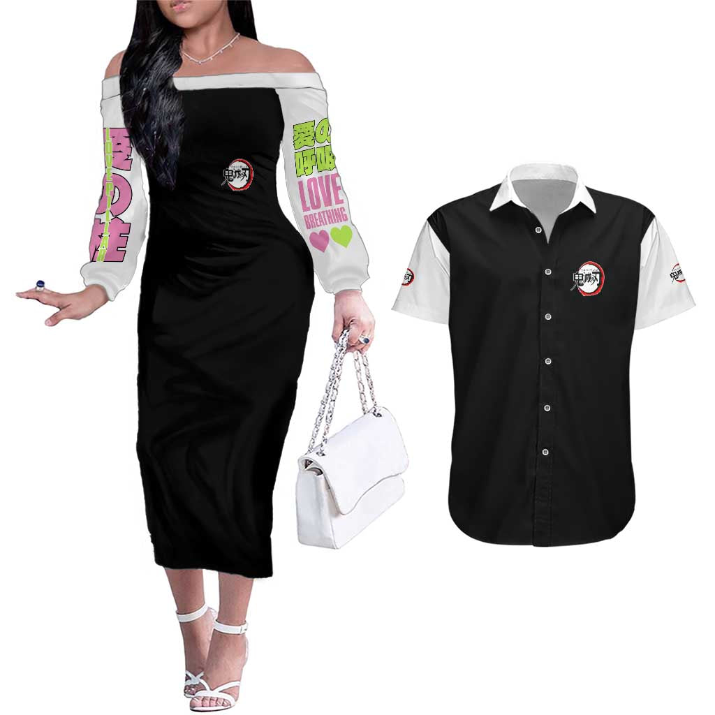 Mitsuri Kanroji V2 Demon Slayer Couples Matching Off The Shoulder Long Sleeve Dress and Hawaiian Shirt Anime Style