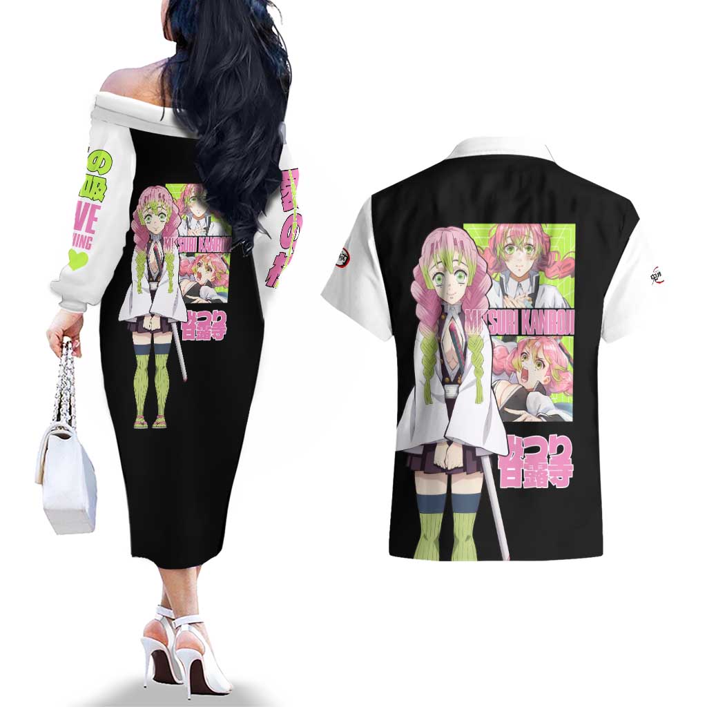 Mitsuri Kanroji V2 Demon Slayer Couples Matching Off The Shoulder Long Sleeve Dress and Hawaiian Shirt Anime Style