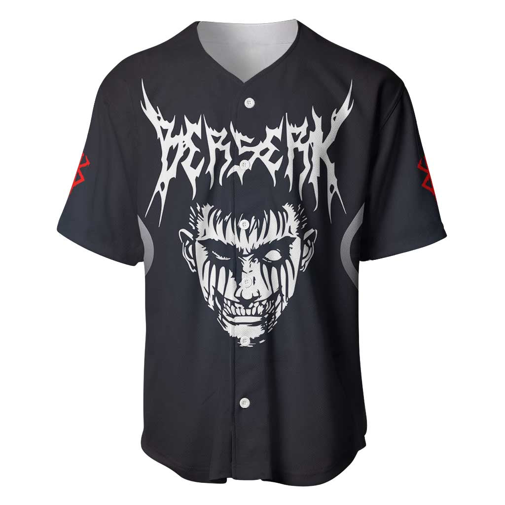 Guts Berserk Baseball Jersey with Black Red Dark Theme and Fierce Warrior Anime Design - The Mazicc