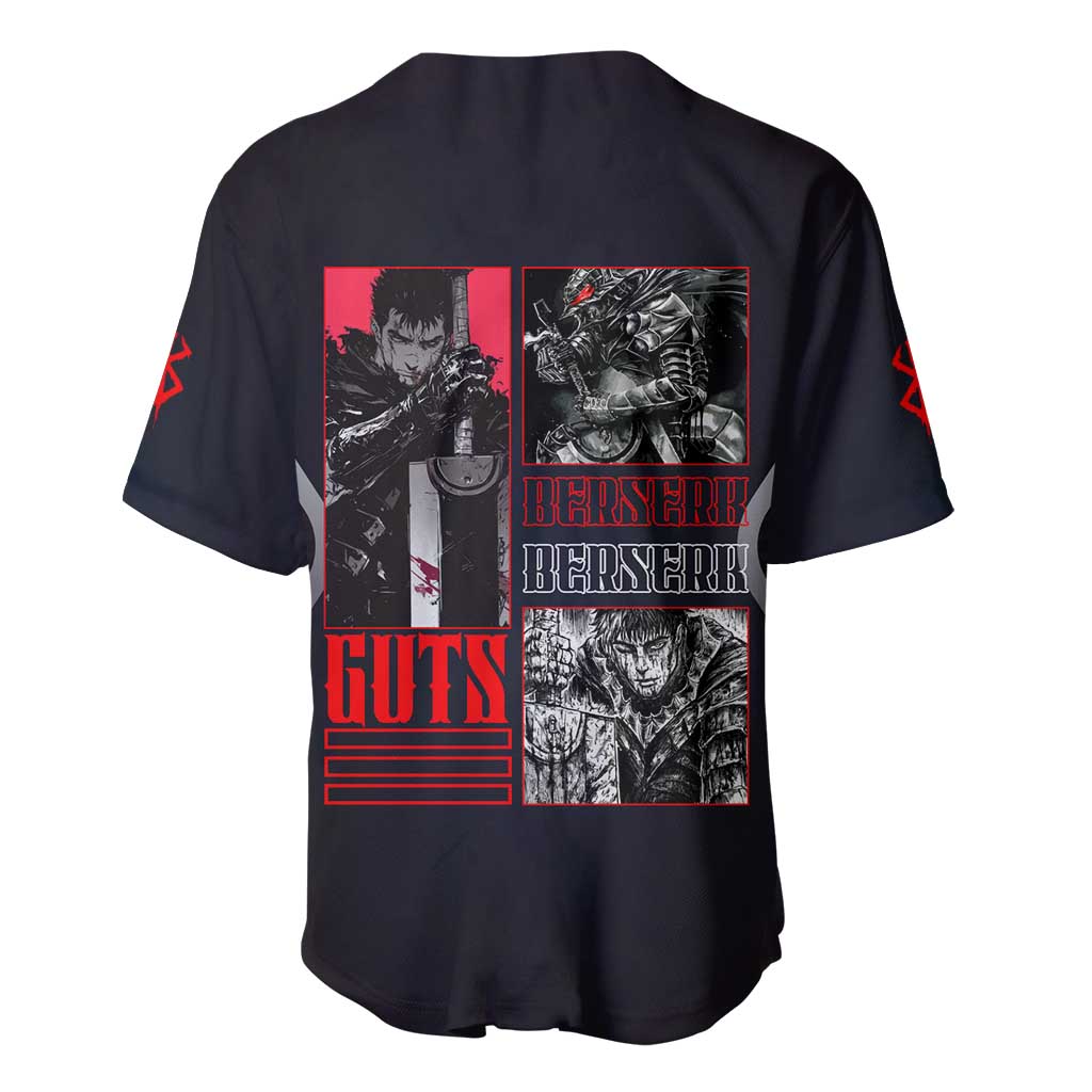 Guts Berserk Baseball Jersey with Black Red Dark Theme and Fierce Warrior Anime Design - The Mazicc