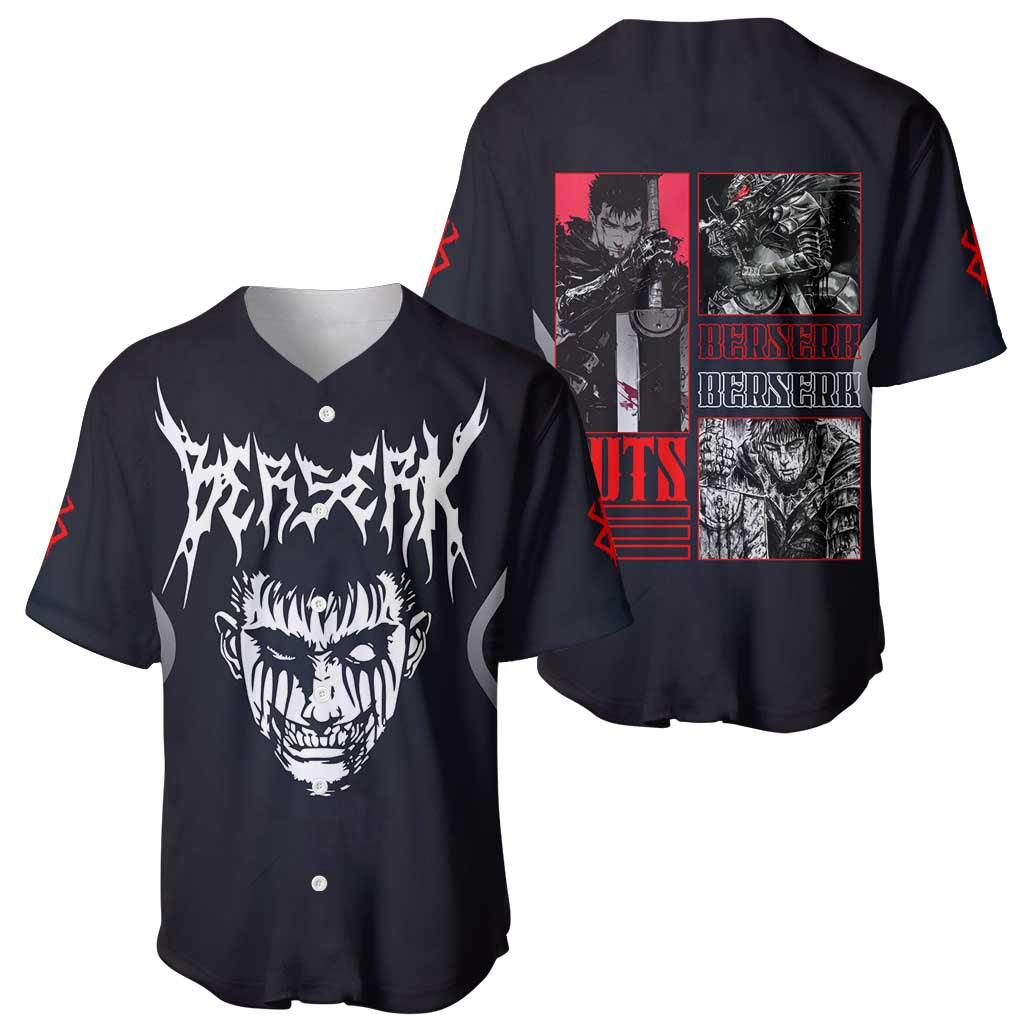 Guts Berserk Baseball Jersey with Black Red Dark Theme and Fierce Warrior Anime Design - The Mazicc