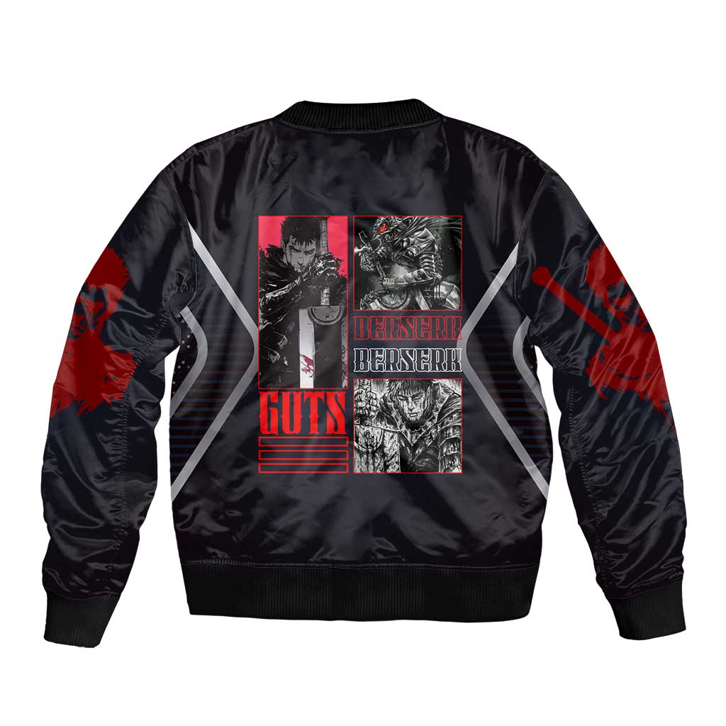 Guts Berserk Bomber Jacket with Black Red Dark Theme and Fierce Warrior Anime Design - The Mazicc