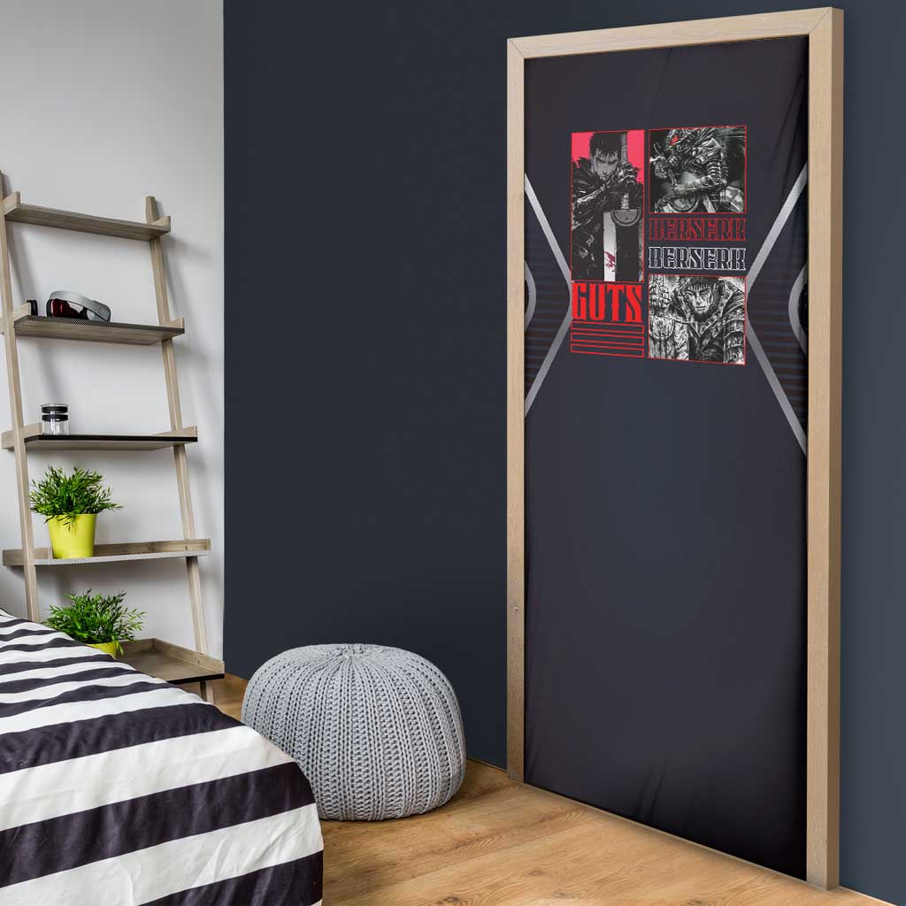 Guts Berserk Door Cover with Black Red Dark Theme and Fierce Warrior Anime Design - The Mazicc