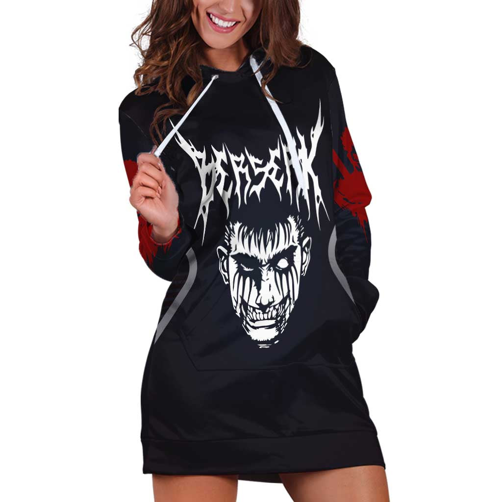 Guts Berserk Hoodie Dress with Black Red Dark Theme and Fierce Warrior Anime Design - The Mazicc
