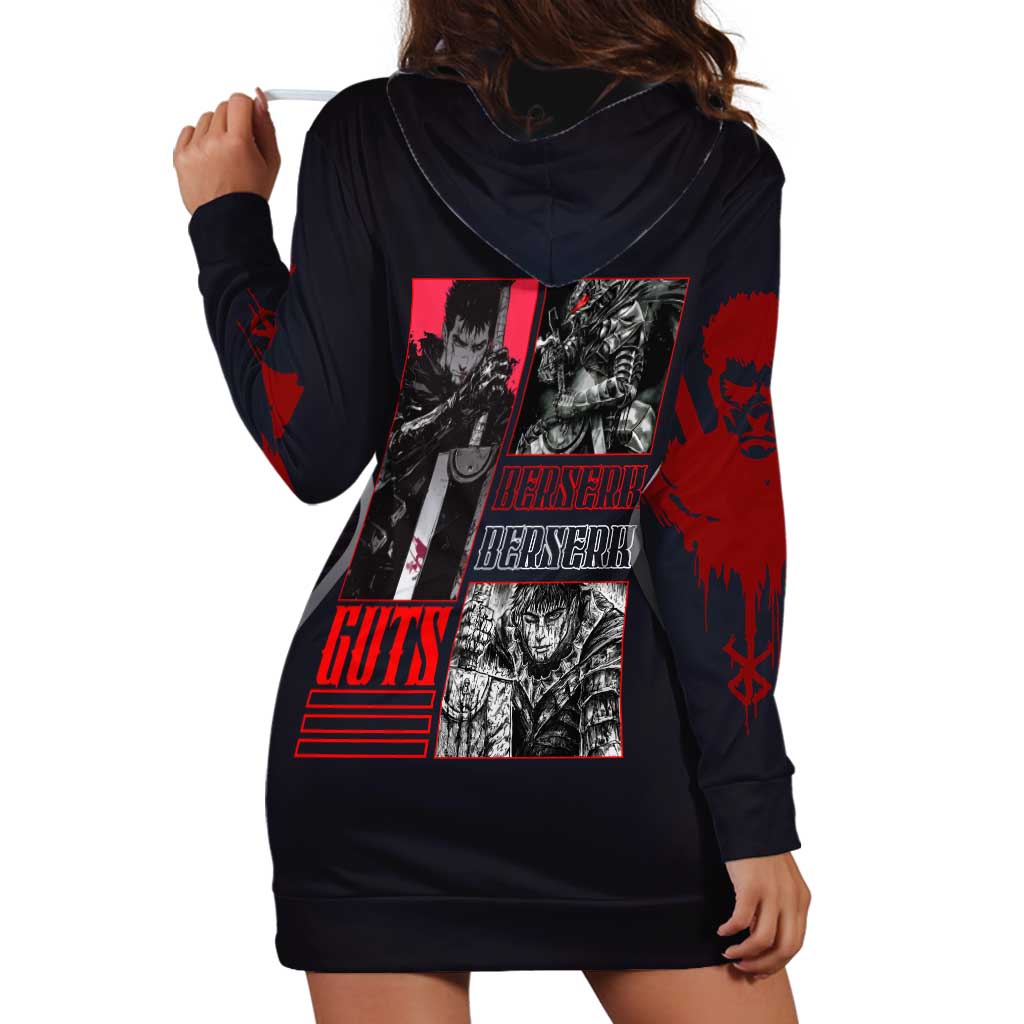 Guts Berserk Hoodie Dress with Black Red Dark Theme and Fierce Warrior Anime Design - The Mazicc