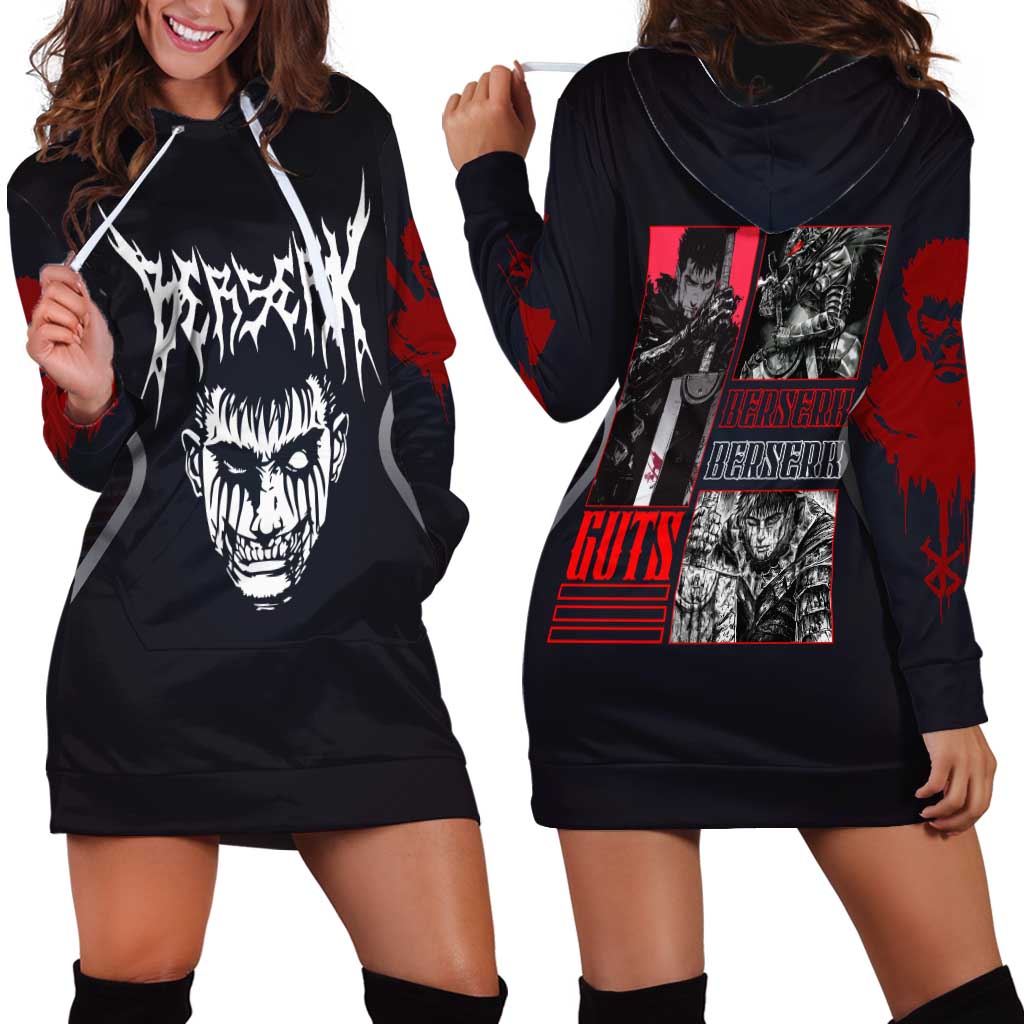 Guts Berserk Hoodie Dress with Black Red Dark Theme and Fierce Warrior Anime Design - The Mazicc