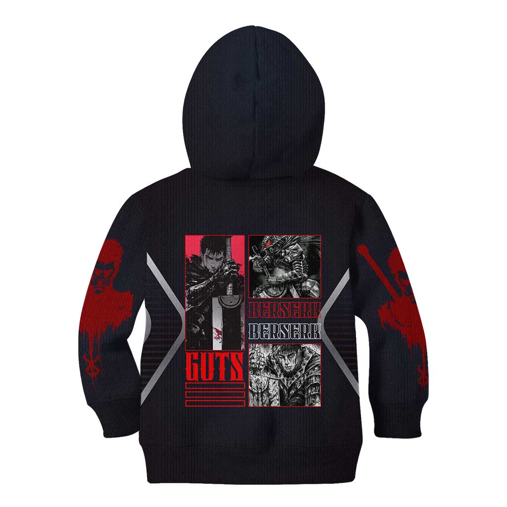 Guts Berserk Kid Hoodie with Black Red Dark Theme and Fierce Warrior Anime Design - The Mazicc