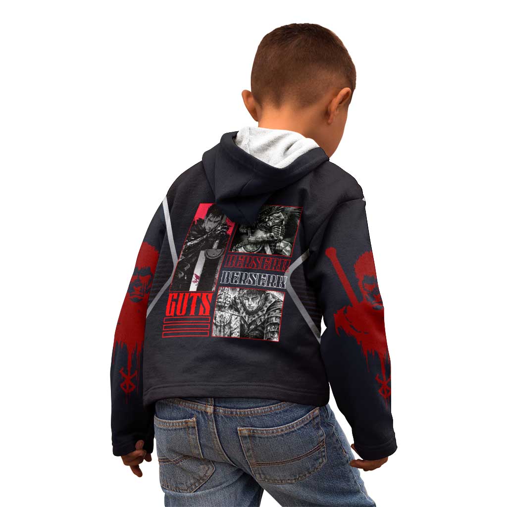Guts Berserk Kid Hoodie with Black Red Dark Theme and Fierce Warrior Anime Design - The Mazicc