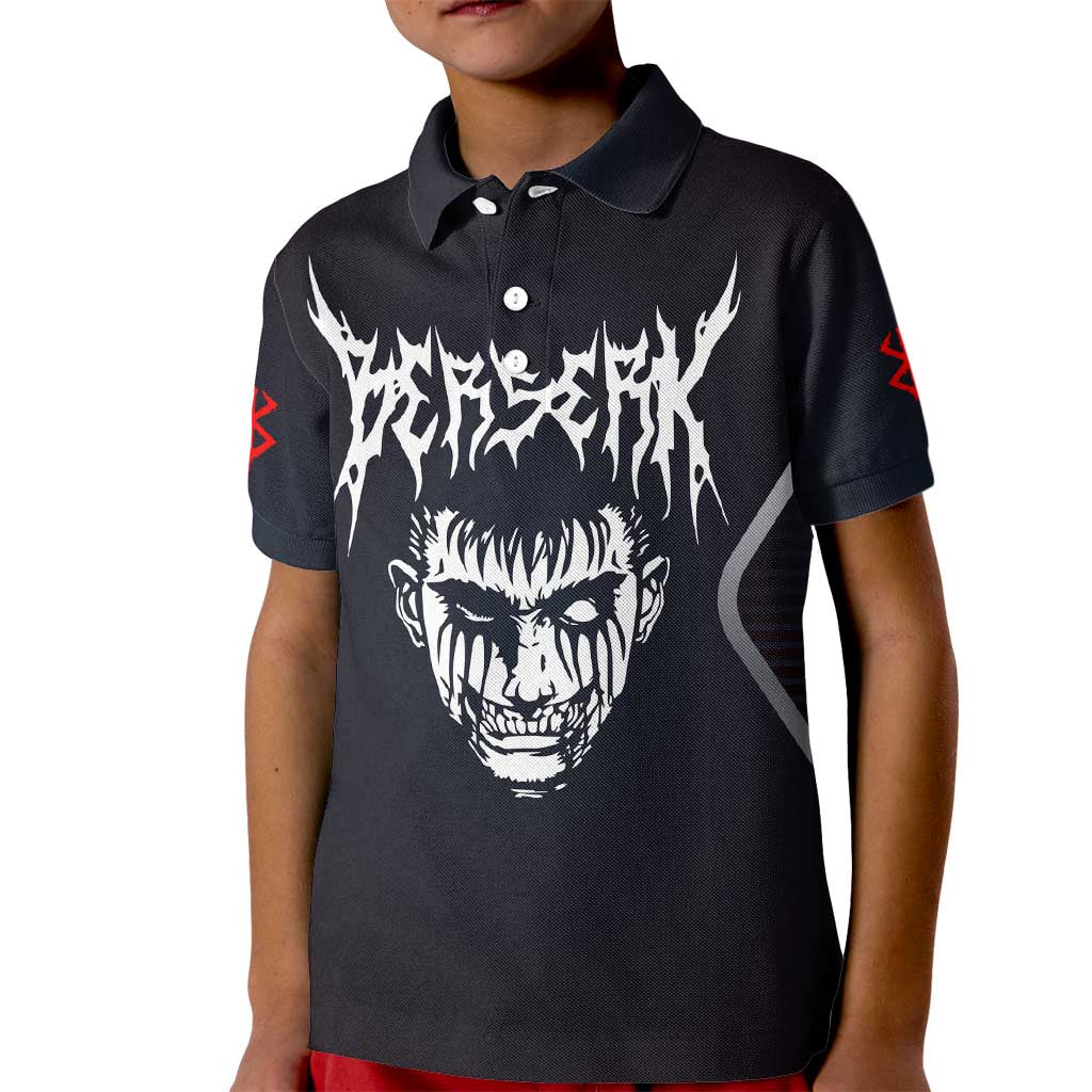 Guts Berserk Kid Polo Shirt with Black Red Dark Theme and Fierce Warrior Anime Design - The Mazicc