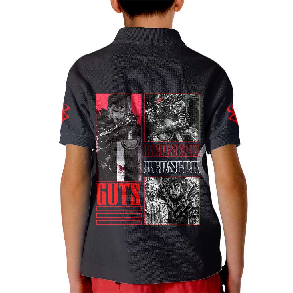 Guts Berserk Kid Polo Shirt with Black Red Dark Theme and Fierce Warrior Anime Design - The Mazicc