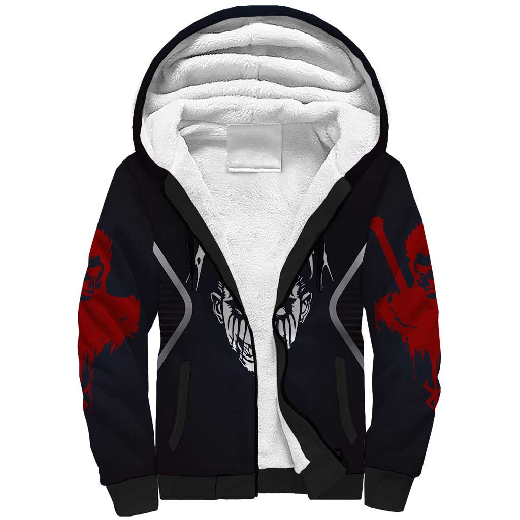 Guts Berserk Sherpa Hoodie with Black Red Dark Theme and Fierce Warrior Anime Design - The Mazicc