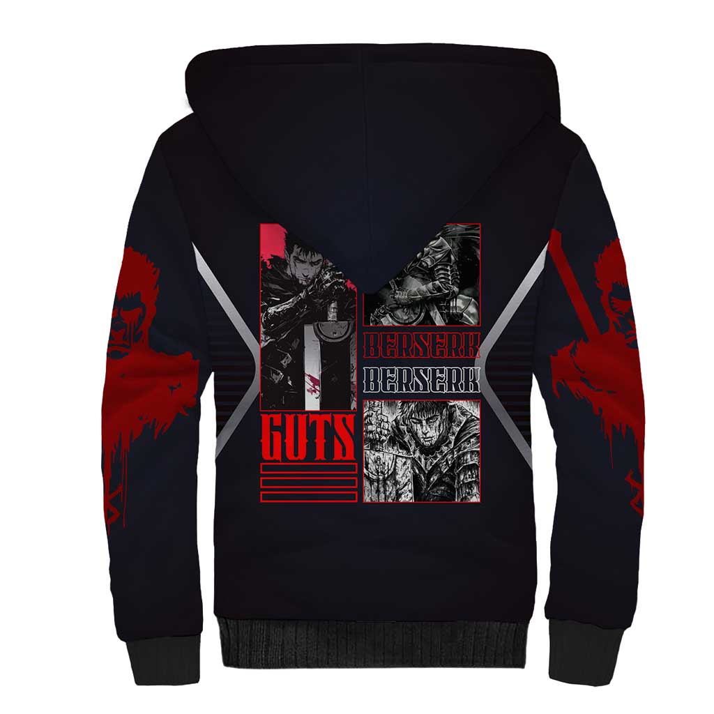 Guts Berserk Sherpa Hoodie with Black Red Dark Theme and Fierce Warrior Anime Design - The Mazicc
