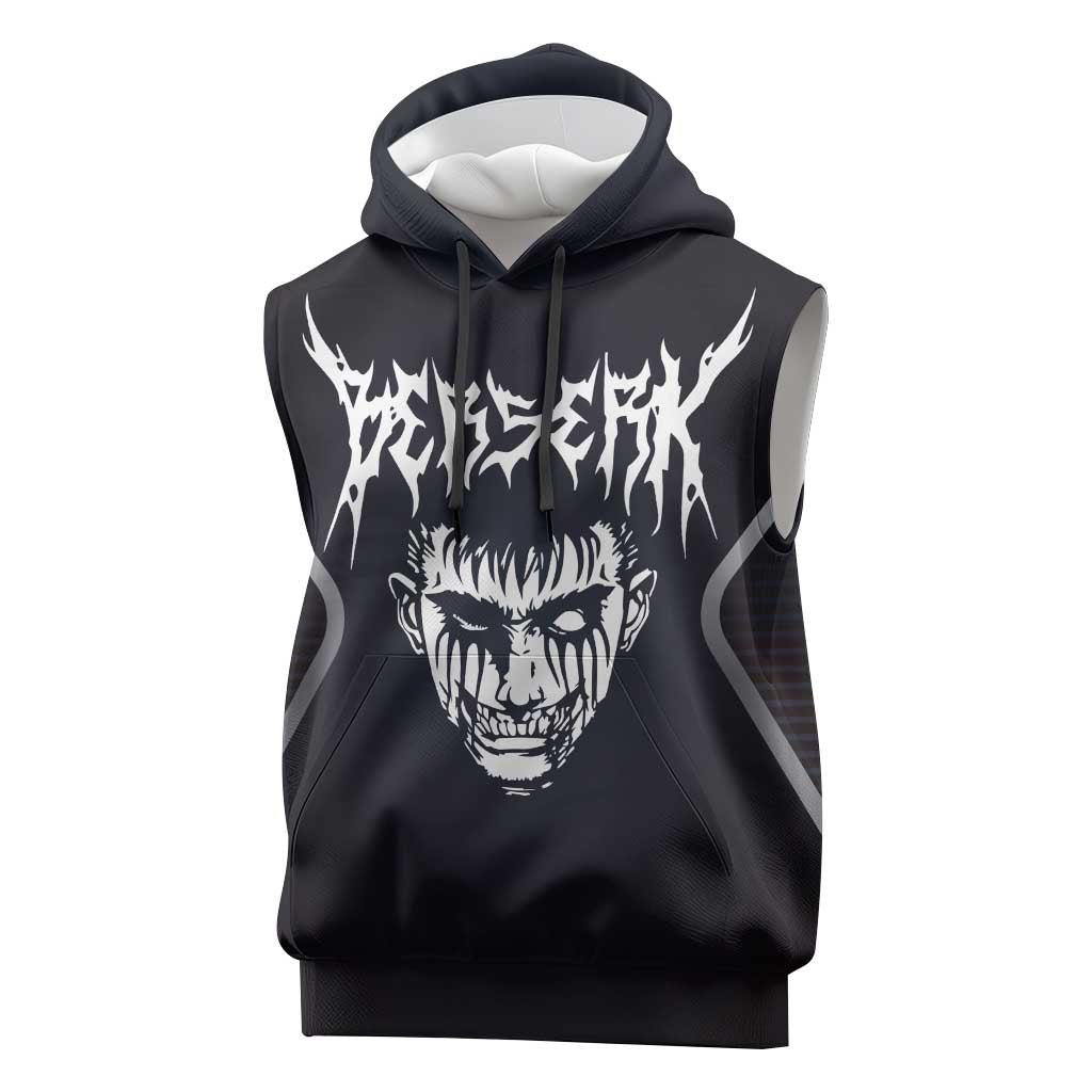 Guts Berserk Sleeveless Hoodie with Black Red Dark Theme and Fierce Warrior Anime Design - The Mazicc