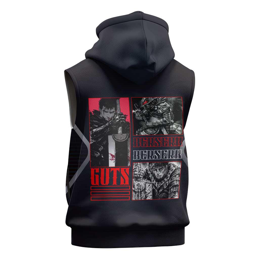 Guts Berserk Sleeveless Hoodie with Black Red Dark Theme and Fierce Warrior Anime Design - The Mazicc