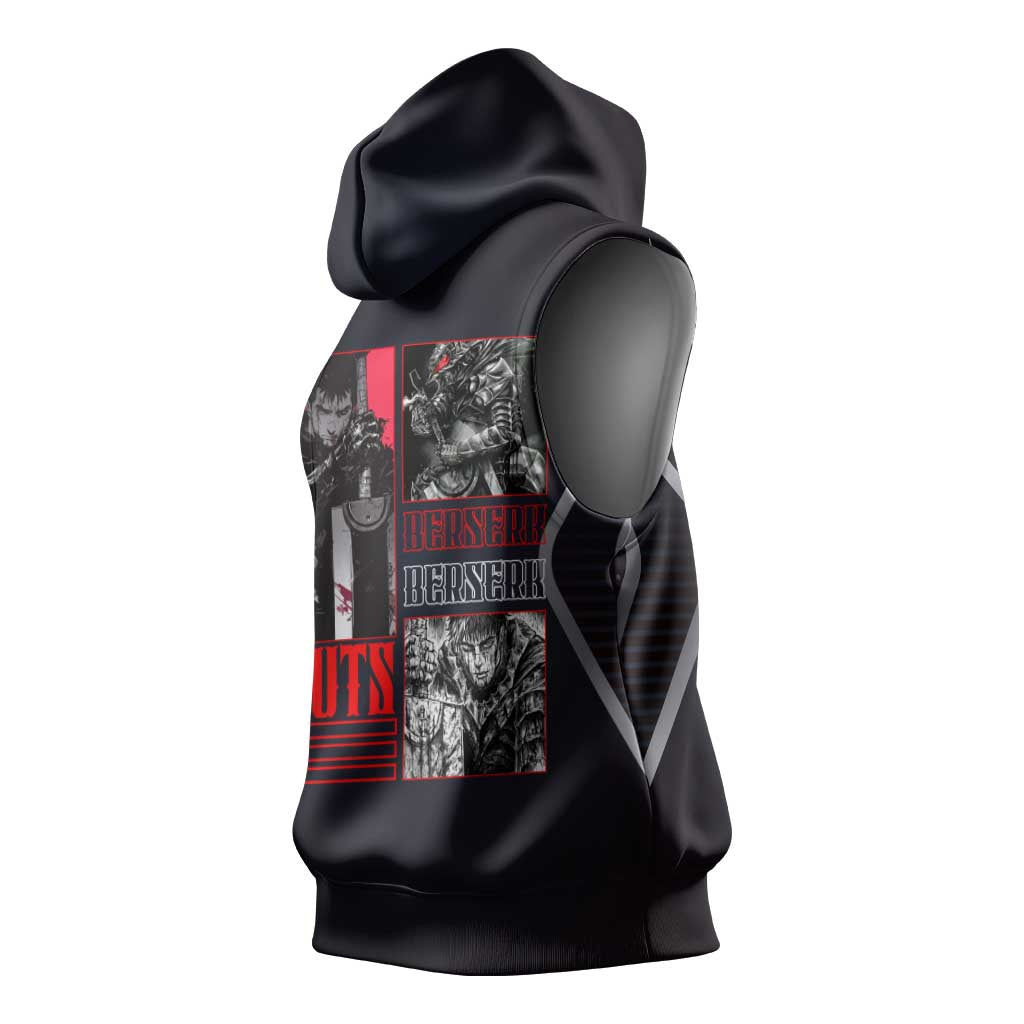 Guts Berserk Sleeveless Hoodie with Black Red Dark Theme and Fierce Warrior Anime Design - The Mazicc